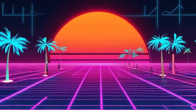 Tropical sunset with palm trees road. Neon abstract motion background with retro wave landscape. Electronic retro video clip cover. Vivid synthwave, vaporwave animation screensaver. Futuristic style