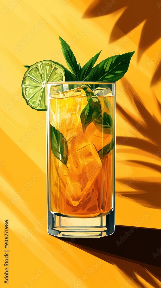 Wall mural Refreshing Beverage with Lime and Mint on Yellow Background