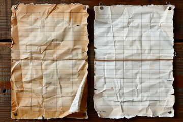 Two Crumpled Grid Paper Sheets on Wooden Background