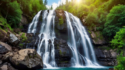 Obraz premium Beautiful mountain waterfalling background image and use it as your wallpaper. Ai generative