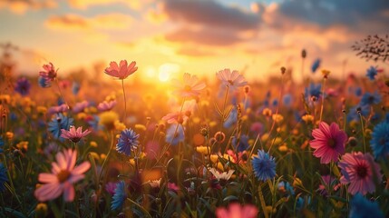 Fototapeta premium Vibrant Wildflower Field at Sunset