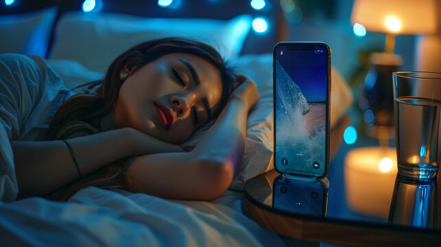 A woman is shown sleeping on her bedside table in close-up, with a glass of water and a smartphone on its stand next to her.