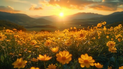 Fototapeta premium Vibrant Sunset Over a Meadow of Golden Daisies