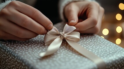 A left-handed person tying a ribbon around a gift with their left hand. The focus is on the hand and ribbon, with a neutral background to ensure ample copy space around the gift.