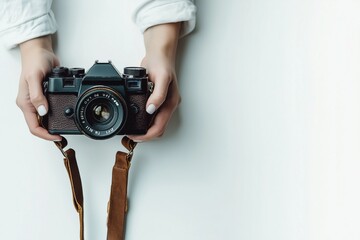 A photo of a man holding an old camera with leather strap, standing in front of white background. Photography concept.