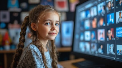 Girl attending online school class. Homeschooling, e learning, new normal education concept.