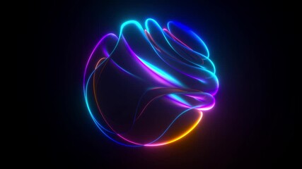 3d render abstract art video of surreal 3d ball sphere in curved wavy round and spherical lines forms in transparent fluorescent plastic material with glowing blue neon color parts on black background