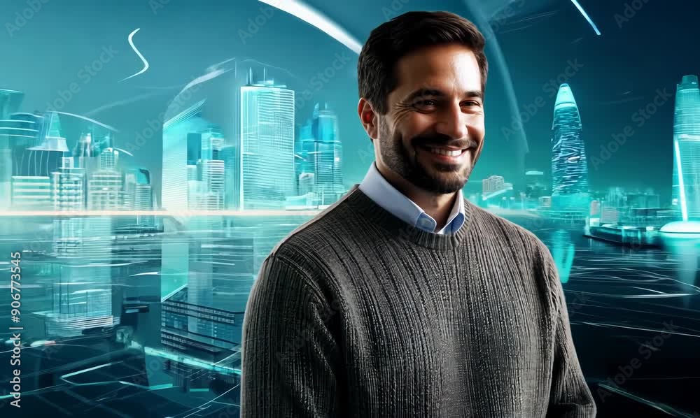 Canvas Prints Studio portrait video of a satisfied man in his 40s wearing a cozy sweater against a futuristic city or skyline background