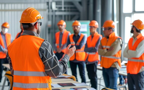 Construction workers in hard hats and safety vests listen to a supervisor during a meeting.