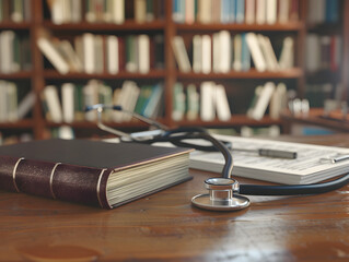 A medical book is on a table next to a stethoscope