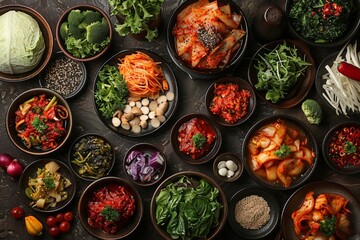 spread of traditional Korean food with kimchi as a central element