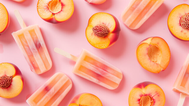 Peach Popsicles and Fresh Peaches on Pink Background for Summer and Healthy Eating Themes
