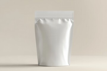 Minimalist White Packaging Pouch on Beige Background, used for mockup and designs.