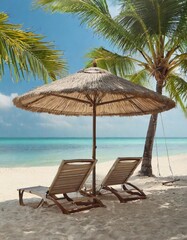 Obraz premium Chairs and umbrella at beach with palms. Holiday banner