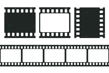 Old retro movie film strip set with grunge texture isolated on white background. Film strip templates. Cinema and filmmaking concept. Vector illustration