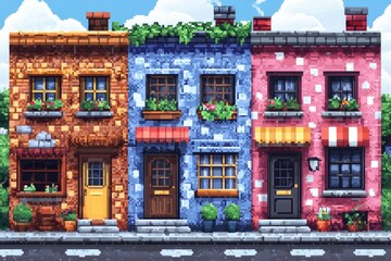 Fototapeta premium Pixelated Row of Colorful Houses with Awnings