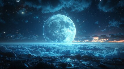 A serene ocean at dusk, a blue sky with the moon and stars above, Earth in the distance, and a few comets shooting across