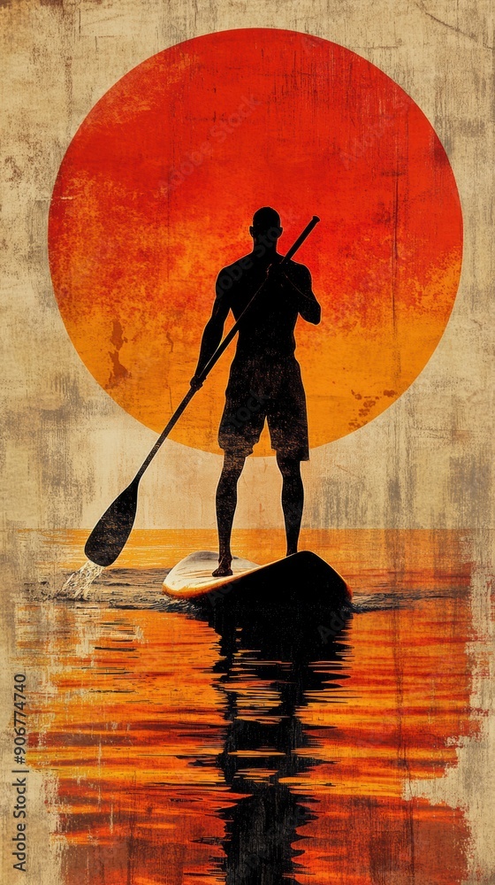 Wall mural Silhouette of Paddleboarder Against Sunset Reflection