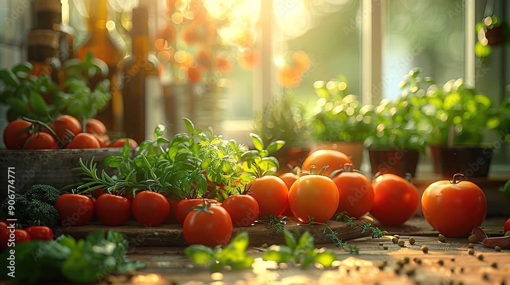 Canvas Prints Fresh Tomatoes and Herbs on a Wooden Table