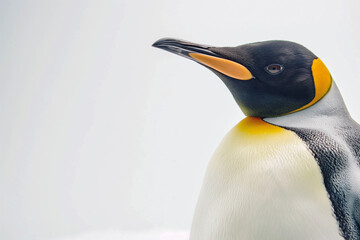 Close-up of an adult penguin taking a selfie against a white background. funny photo. Cute animal image in a minimalist style.