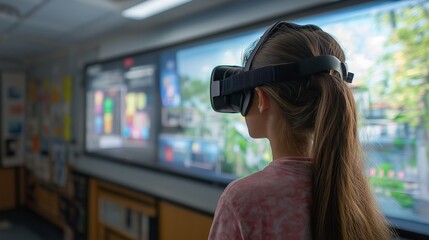 Girl experiencing virtual reality using VR headset in classroom.