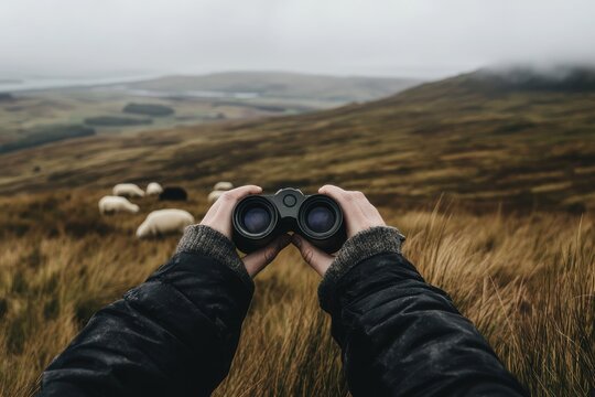 Man Observing Landscape with Binoculars.