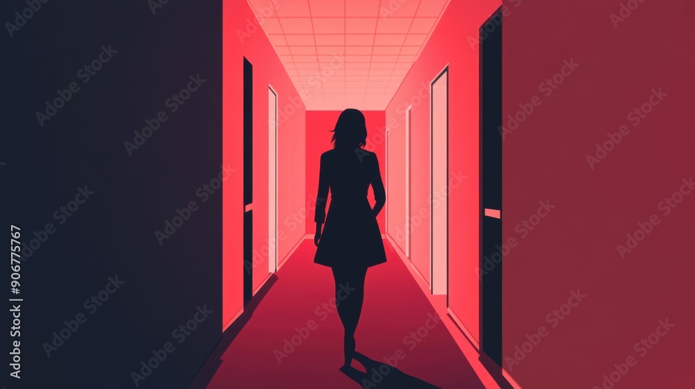 Poster Silhouette Walking Through Red-Tinted Corridor