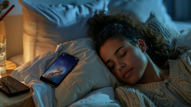 A woman is shown sleeping on her bedside table in close-up, with a glass of water and a smartphone on its stand next to her.