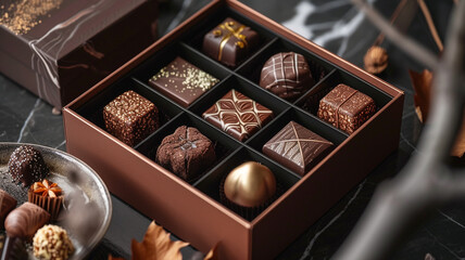 A set of artisanal chocolates arranged in a decorative box, perfect for indulging in luxury.