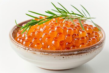 small dish filled with salmon caviar, presented in a minimalist style with a clean, white background