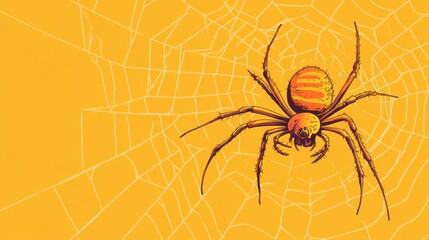 Obraz premium Illustration of Spider on Web with Yellow Background