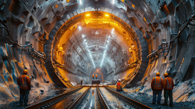 Fototapeta Underground Tunnel Construction with Boring Machine. Underground tunnel construction site featuring a tunnel boring machine, demonstrating advanced engineering and construction techniques.
