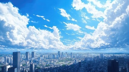 Fototapeta premium Anime-style sky with dramatic clouds over a distant cityscape, featuring dynamic lighting and vibrant colors.