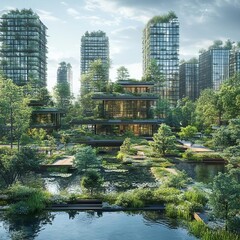 Fototapeta premium Green urban park with sustainable architecture, illustrating eco-friendly economy.