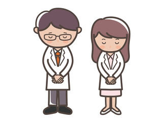 頭を下げて謝る男女医師（看護師）の全身イラスト