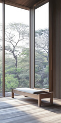 Fototapeta premium Luxury apartment room interior with a large window together with minimalist furniture and decoration. Contemporary Real Estate interiors design.