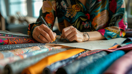 A creative fashion designer sketches a new clothing line, surrounded by vibrant fabric swatches and inspiration, showcasing the artistic process of designing innovative apparel