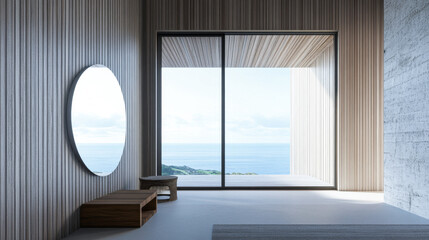 Fototapeta premium Luxury apartment room interior with a large window together with minimalist furniture and decoration. Contemporary Real Estate interiors design.