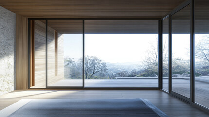 Luxury apartment room interior with a large window together with minimalist furniture and decoration. Contemporary Real Estate interiors design.