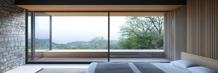 Luxury apartment room interior with a large window together with minimalist furniture and decoration. Contemporary Real Estate interiors design.