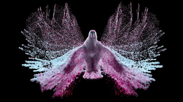 3d render abstract art video animation of surreal 3d model with flying bird eagle based on small balls spheres particles structure in translucent purple color material on black background