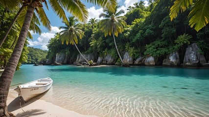 Fototapeta premium Hidden Tropical Beach with Crystal-Clear Water and Palm Trees, with white boat