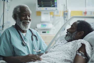 A nurse attentively examines an elderly African American patient in a hospital setting.