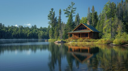 Fototapeta premium Tranquil Lakeside Cabin in the Serene Forest