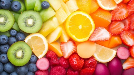a colorful assortment of various fruits arranged in a visually appealing manner. The fruits are organized by color, creating a rainbow effect