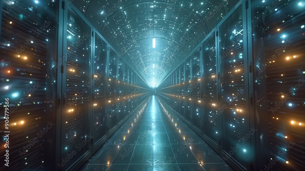Poster a high-tech data center hallway features glowing servers, illuminated by vibrant lights creating a s