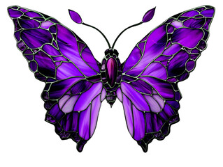 Detailed purple butterfly stained glass style art, isolated on a white background.