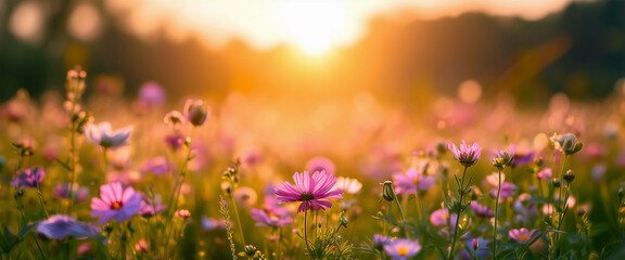 Flowers in the meadow. Magic meadow. Meadow flowers at morning sunrise. Selective focus. AI generated