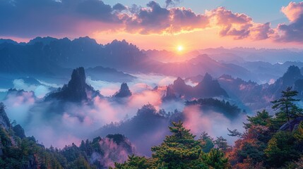 Naklejka premium Majestic Mountain Landscape at Sunset with Mist and Colorful Sky