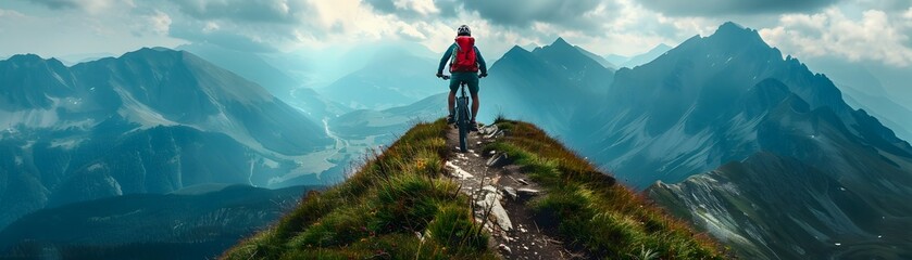 Obraz premium Adventurous Mountain Biker Tackling Rugged Trail Captured by Dramatic Aerial Drone Footage